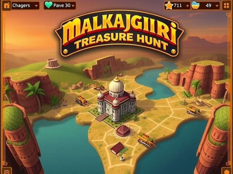 Malkajgiri Treasure Hunt gameplay screenshot showing treasure map and Indian landscape